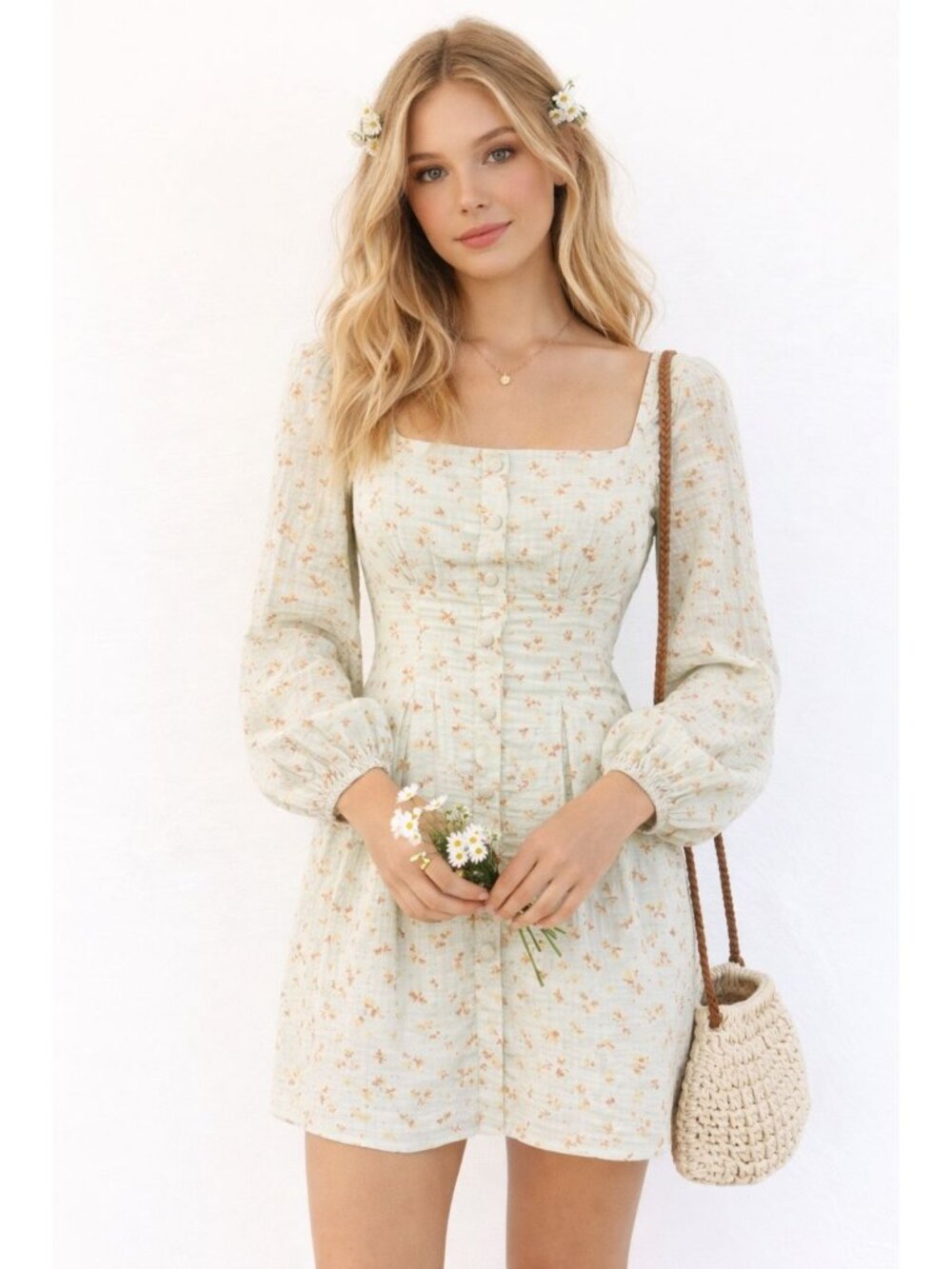 Cottage Core Floral Puff Sleeve Mini Square Neck S Boho Peasant Baby doll Dress